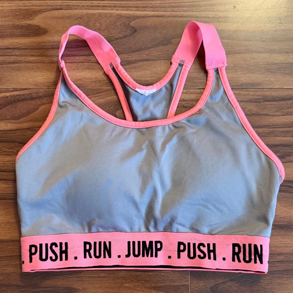 Energie Gray and Pink Racerback Sports Bra with Motivational Band